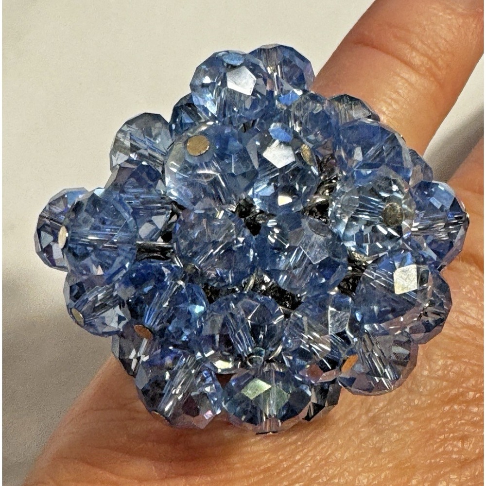 Blue Faceted Crystal Bead Cluster Statement Ring Silver Tone Stretch Band Dome
